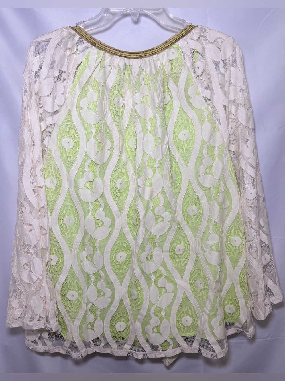 Lane Bryant Ivory Lace Overlay Peasant Blouse with Lime Green Underlay Sz 14/16 - Picture 7 of 9